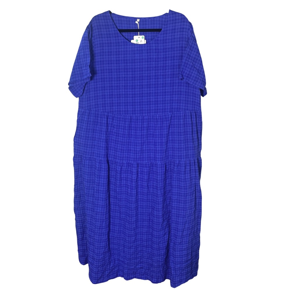 Blue Plaid Short Sleeve Tiered Maxi Dress with Pockets 2XL Relaxed Flowy Modest